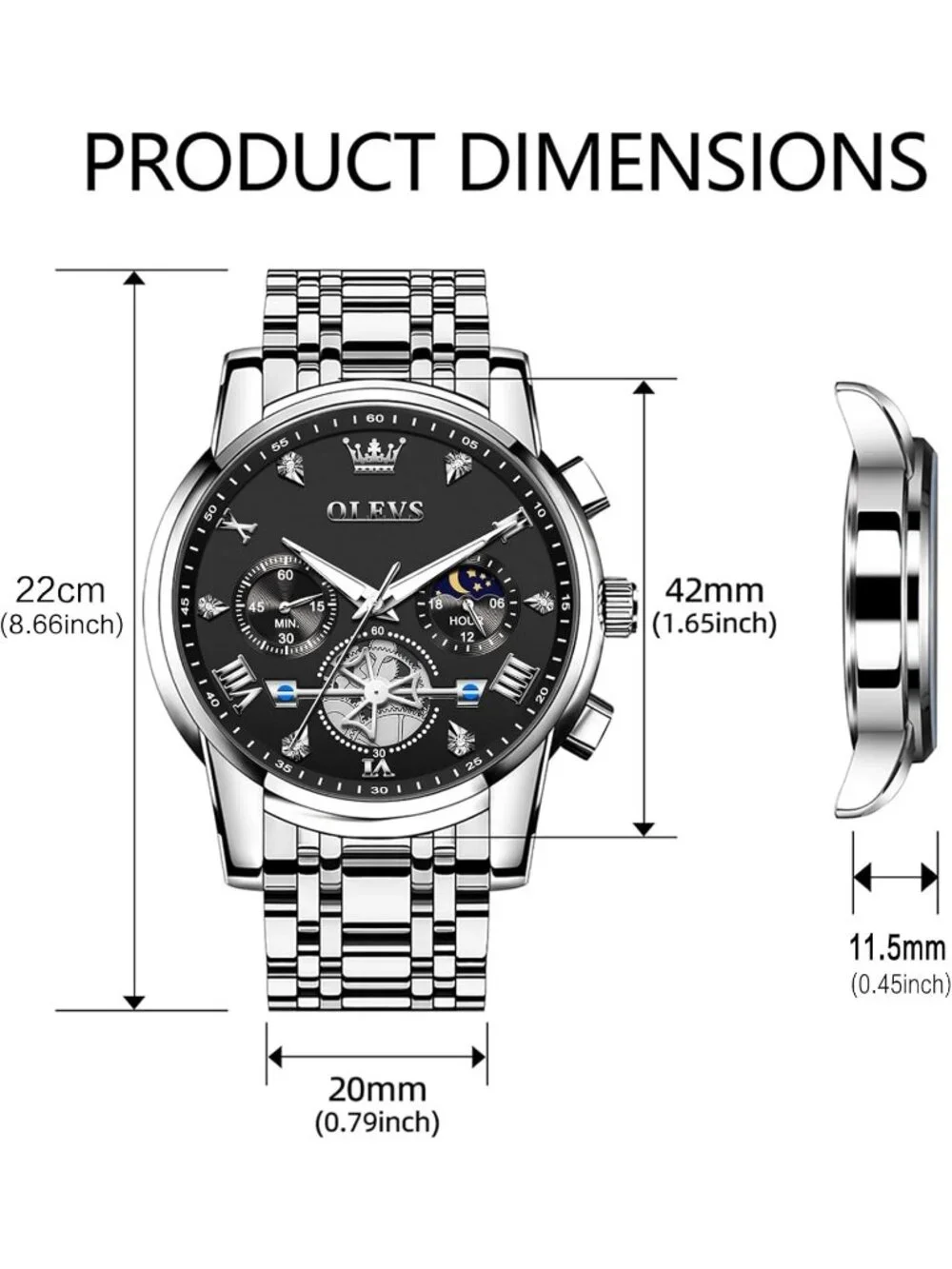 Men's Silver-Black Stainless Steel Waterproof Big Face Multifunction Wrist Watch